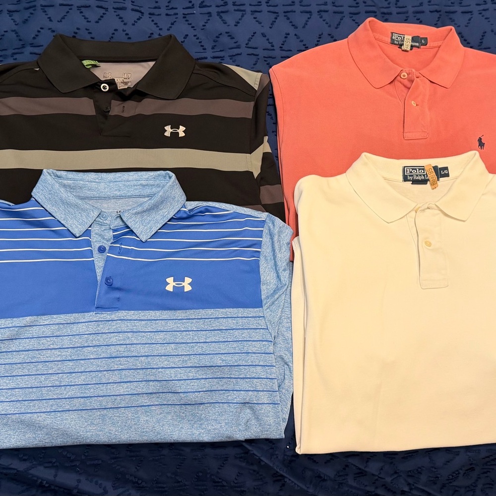 Polo by Ralph Lauren men’s size Large and Under Armour Polos 4 shirts white!